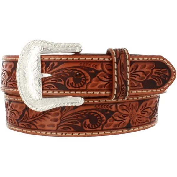 38in. Tony Lama Floral Hand Tooled Western Leather Men Belt Tan