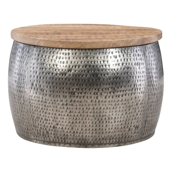 Powell Angus Drum Side Table with Storage, 18-1/2x22H x 27-1/2x22W x 27-1/2x22D, Silver/Brown