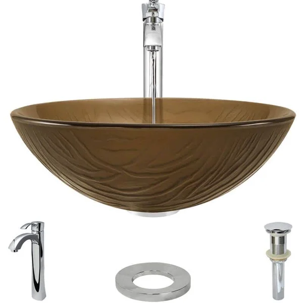 Rene R5-5025-R9-7006 16-5/8x22 Glass Vessel Bathroom Sink with Vessel Faucet Sink Beach Sand - Chrome