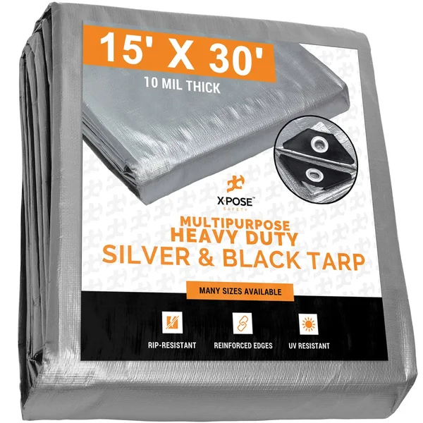 Xpose Safety Heavy Duty Poly Tarp - 15& x 30& - 10 Mil Thick Waterproof, UV Blocking Protective Cover - Reversible Silver and Bl