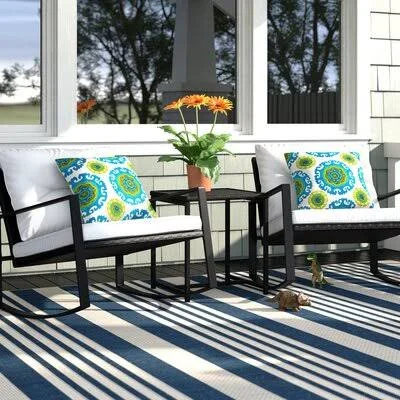 Charlton Home Kemmer Outdoor 3 Piece Rocking Wicker Seating Group with Cushions, Black