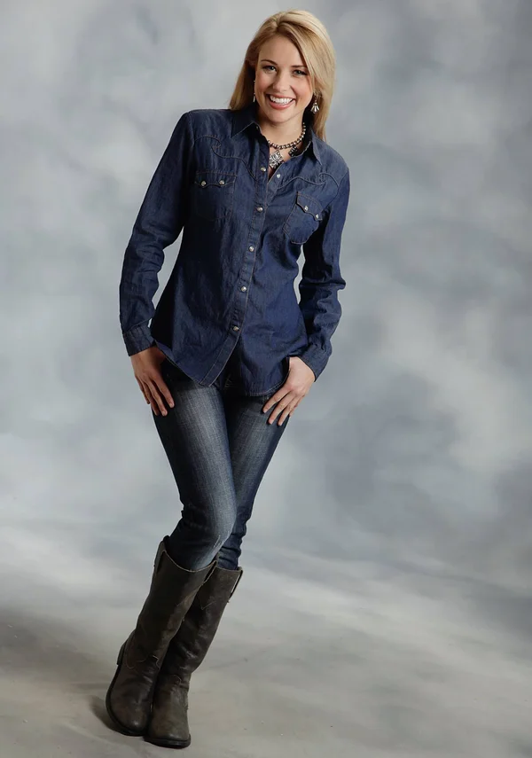 Roper Western Shirt Womens L/S Denim Snap Blue 03-050-0594-6030 BU