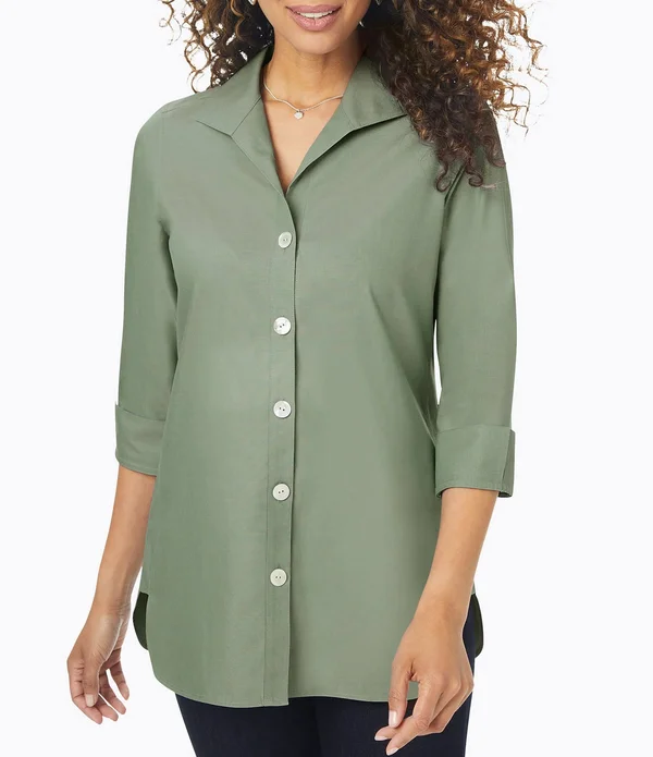 Foxcroft Pandora Solid Non-Iron Pinpoint Oxford Button Front Wing Collar Neck 34 Sleeve Tunic - Womens, 16, Autumn Ivy