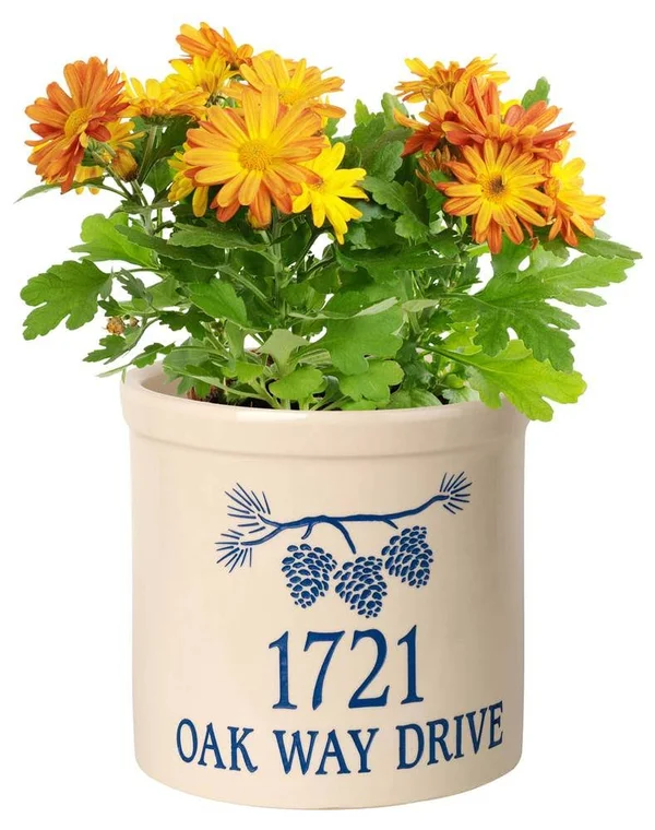 Personalized Pine Bough 2 Gallon Stoneware Crock - Blue, 9.75" x 9.75" x 9"