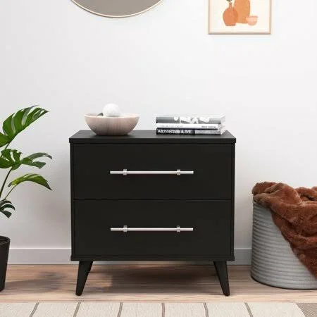 Rest Haven Mid-Century Modern 2 Drawer Nightstand, Black