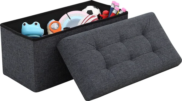 Ornavo Home Foldable Tufted Linen Large Storage Ottoman Bench Foot Rest Stool/Seat - 15 x 30 x 15 (Black), 15 x 15 x 15