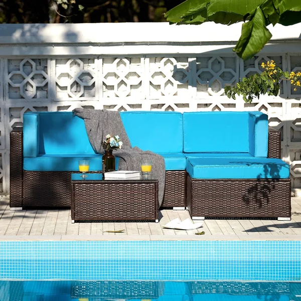 CO-Z 5 Pcs Outdoor Patio Furniture Set - Sectional Sofa, Table - Walnut & Blue, 29.5 x 29.5 x 25 in