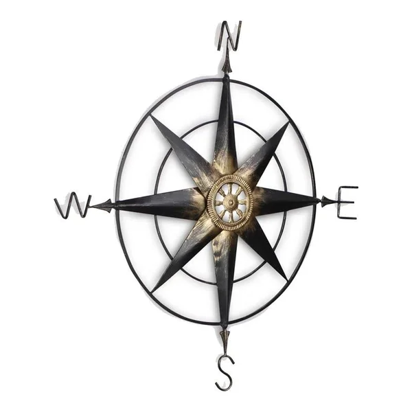 HomeRoots 38.2x22 Metal Wall Decor Compass with Center Accents in Black/Gold