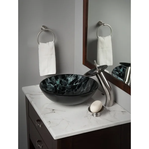 Novatto Tartaruga Glass Vessel Bathroom Sink Set, Brushed Nickel
