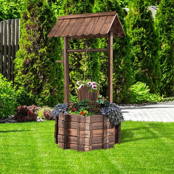 Costway Outdoor Wooden Wishing Well Bucket Flower Plants Planter Patio Garden Home Decor