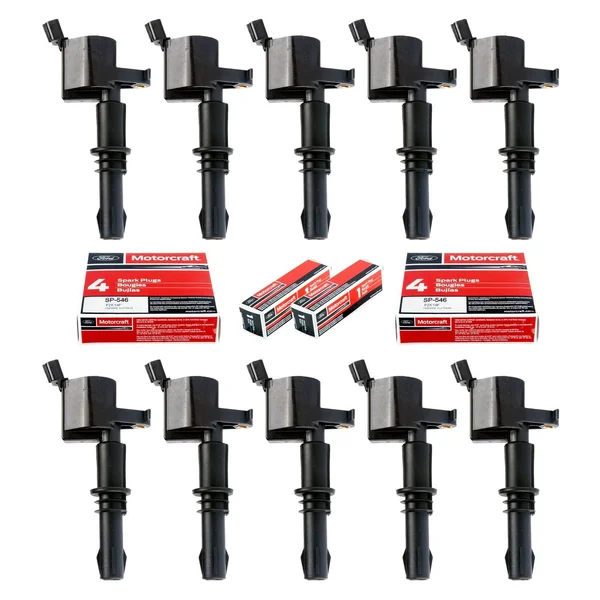 MAS Set of 10 SP546 Motorcraft Spark Plugs and 10 Straight Boot Ignition Coils Dg511 for Ford Lincoln Mercury V8 V10 4.6L 5.4L 6