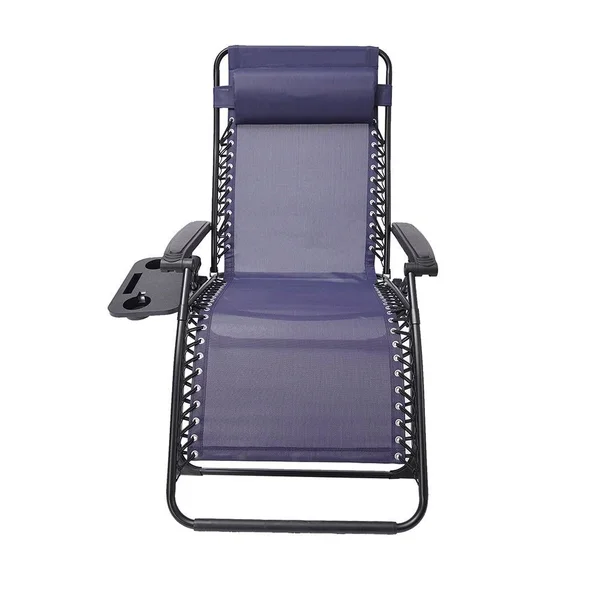 Outdoor Garden Patio Folding Lounge Chair with Pillow and Cup Holder - Navy Blue