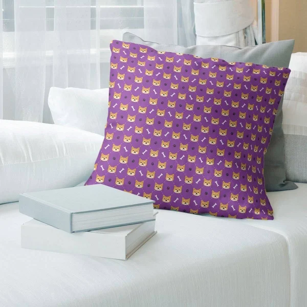 Main Color Shiba Inu Pattern Throw Pillow - 14 x 14 - Purple - Cotton