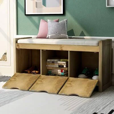 Storage Bench with Removale Cushion and 3 Flip Lock Storage Cubbies for Living Room, Entryway Gracie Oaks Color/Pattern: Gray Wa
