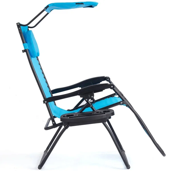 Folding Recliner Lounge Chair with Shade Canopy Cup Holder-Blue