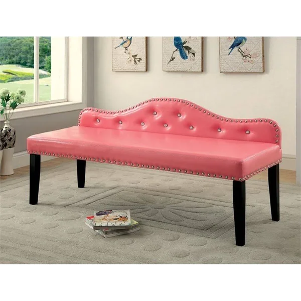 Furniture of America Dubose Faux Leather Tufted Bench in Pink