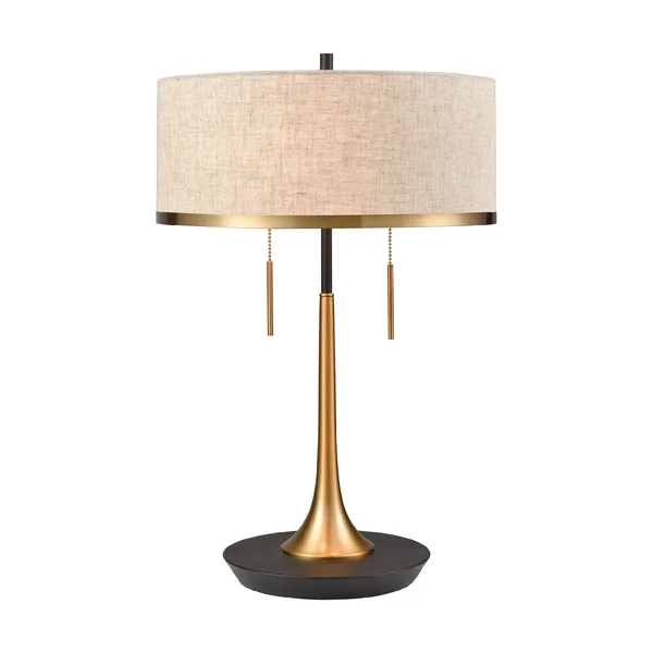 22x22 Black and Bronze Body 2-Light Table Lamp with Metal Banded Shade