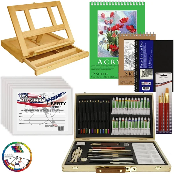 US Art Supply 68-Piece Custom Artist Acrylic Painting Set with Wood Drawer Table