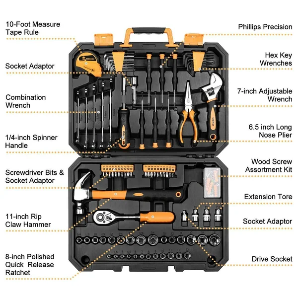 Deko 128pc Mechanics Hand Tool Kit Set Deluxe Metric Socket Wrench Screwdriver