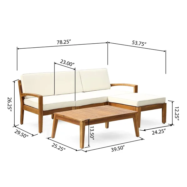 Grenada Outdoor 3-Seater Acacia Wood Frame Sectional Sofa Set with Water-Resistant Cushion by Christopher Knight Home - Teak + B