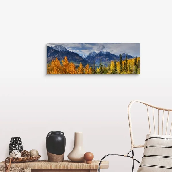 Panoramic View of The Fall Foliage and Snowcapped Chugach Mountains - Alaska, Canvas Wall Art, 36x12, Great Big Canvas