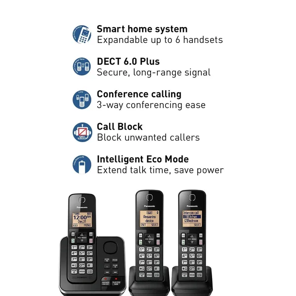 Panasonic Dect 6.0 Plus 3-Handset Expandable Digital Cordless Phone w/ Answering System