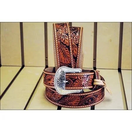 28x22 Tony Lama Floral Hand Tooled Western Leather Men Belt Tan