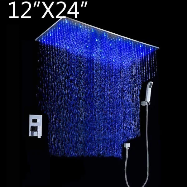 12x22x24x22 Rainfall LED Shower Set Double-Function Valve - Brass Handheld Shower Brushed Stainless Steel, 12 x 24 x 0.4 inches