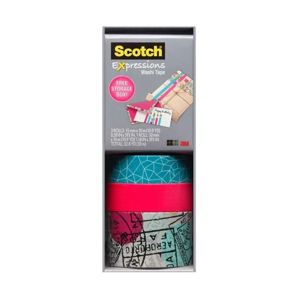 Scotch Expressions Washi Tape - Multi-Pack with Storage Box, Neon Pink, Travel, 3 Rolls (C317-3PK-TRV)