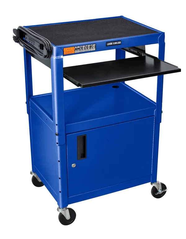 Luxor Steel Adjustable Height A/V Cart with Cabinet and Pullout Keyboard Tray - Blue