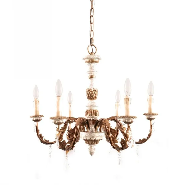 European Royal 6-Light Candle Wooden Chandelier - French Country Brass Iron and Gray Wood Chandelier for Indoor Decoration, Beige