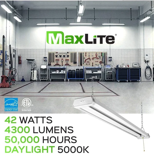 Maxlite 4ft Utility LED Shop Light Linkable - 4300lm, Daylight 5000K, Pull Chain On/Off, 42W Garage Light, Integrated LED Lights