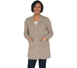 ShWk9/20 AranCraft Merino Wool Boyfriend Buttonfront Cardigan, Size X-Large, Stone