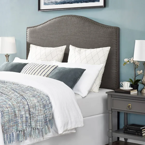 Gray Upholstered Camelback King Panel Headboard