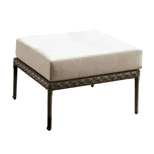 Faux Wicker Patio Ottoman with Fabric Box CUSHION, Gray and Beige