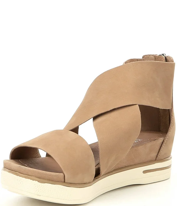 Eileen Fisher Tumbled Nubuck Leather Criss Cross Banded Backstrap Sport Wedge Platform Sandals - 6.5M