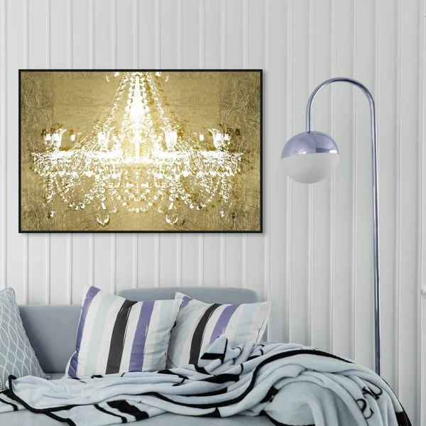 Oliver Gal Fashion and Glam Wall Art Framed Canvas Prints 'Dramatic Entrance Gold' Chandeliers - Gold, White - 45 x 30 - Black