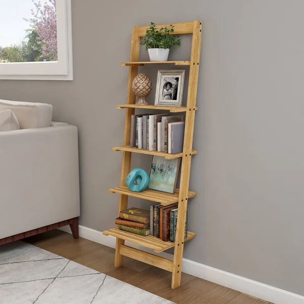 Lavish Home 5-Tier Ladder Bookshelf in Pickled Oak Wood