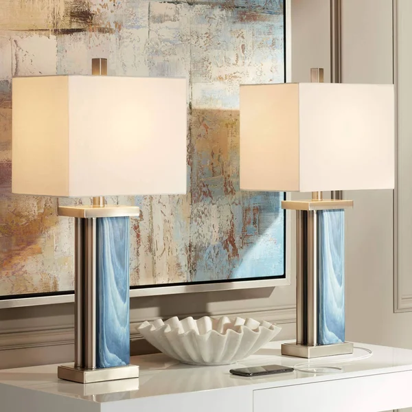 360 Lighting Laguna Blue Modern Coastal USB Table Lamps Set of 2