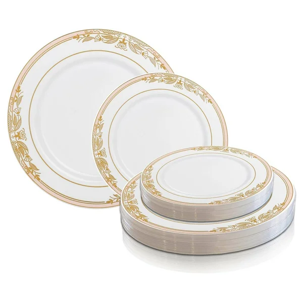 120 Plates - 10.25x22 White with Pink and Gold Harmony Rim Plastic Dinner Plates