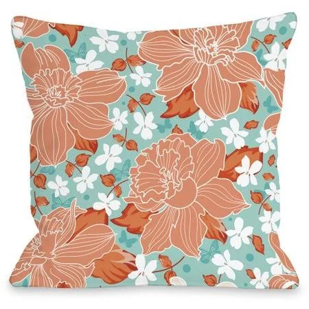 Exotic Flowers Outdoor Throw Pillow by OneBellaCasa - Turquoise, 26 inchx26 inch, Size: 26 inch x 26 inch, Blue
