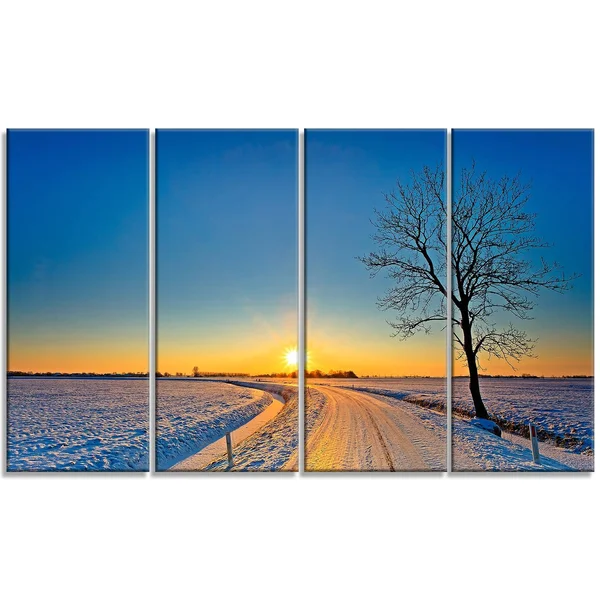Design Art Distant Sunset in Winter - Landscape Photography Canvas Print - Yellow - 60 in. Wide x 32 in. High - 5 Panels Diamond