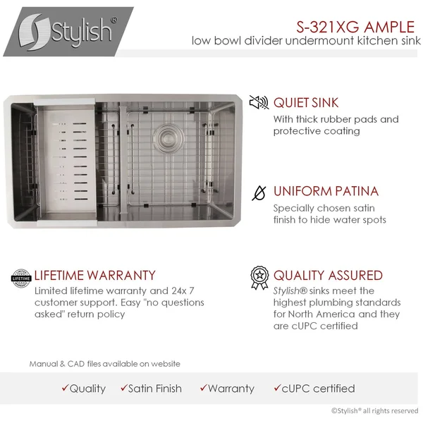 Stylish S-321XG 32x22L x 18x22W Double Basin Undermount Kitchen Sink with Grids and Strainers