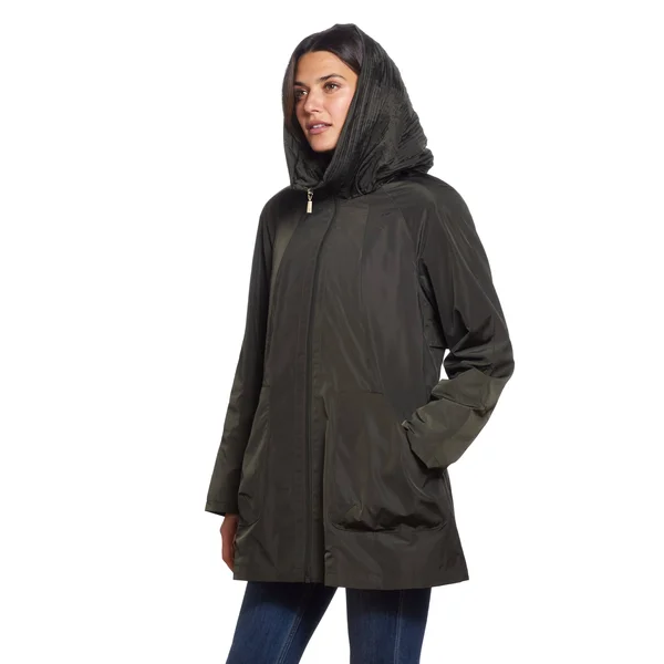Martha Stewart Pleated Hood Rain Coat - Polyester in Deep Olive, Xs