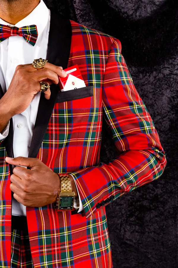 The Rockefeller, Tartan Plaid Tuxedo, Size 52, Black/Red, Shinesty