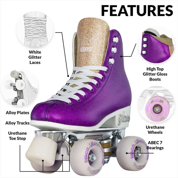 Disco Glam Roller Skates - Glamorous Glitter Quad Skates Teal Glitter, US Mens 3.5, US Ladies 4, EU 35