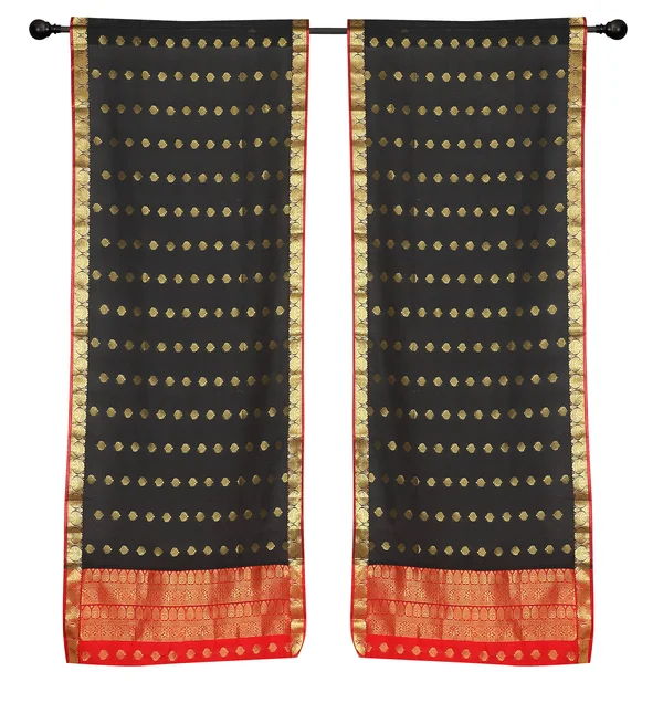 2 Black Bohemian Indian Sari Curtains Rod Pocket Living Room Window Treatment, Men's, Size: 80 x 63 (203 x 160 Cms)