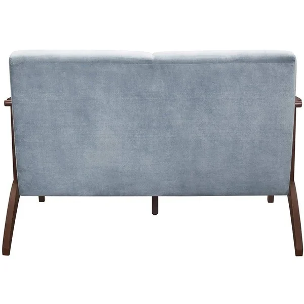 Pemberly Row Velvet Upholstered Loveseat in Blue Gray and Dark Walnut
