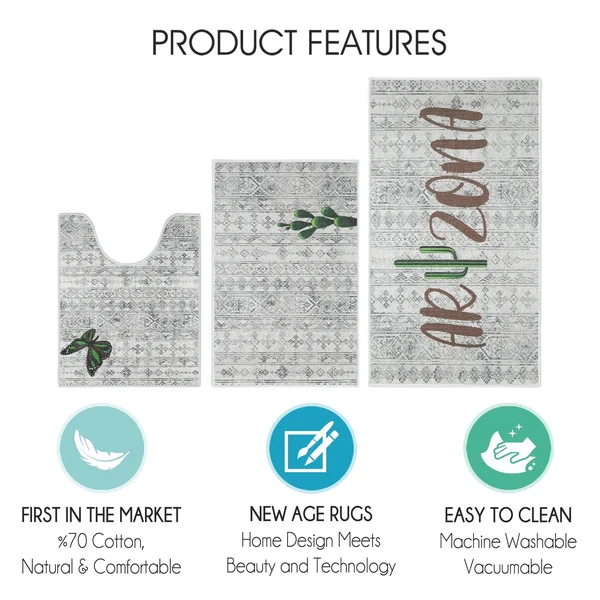 US States Design 3 Piece Bathroom Rugs Set - Non-Slip Ultra Thin Bath Rugs for Bathroom Floor - Washable Bathroom Mats Set - Mia