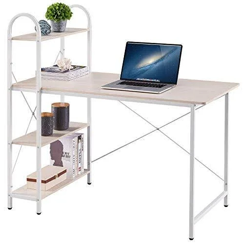 Home Bi Computer Desk with Storage Shelves 47 inch, Reversible Study Writing Table with Adjustable Bookshelf, Home Office Wood P